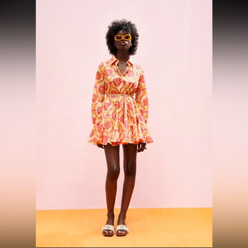 Zara Floral Printed Cotton Mini Dress With Belt Women Size  L US